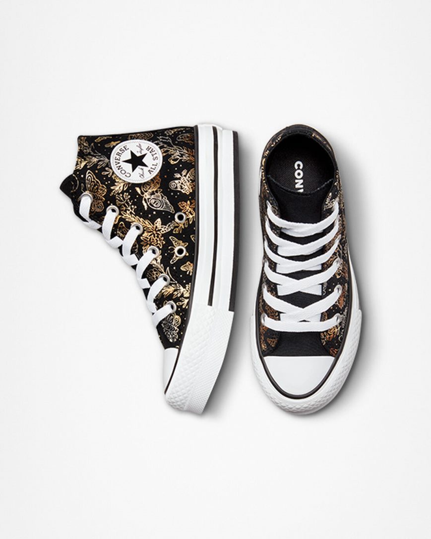 Dívčí Boty Na Platformy Converse Chuck Taylor All Star EVA Lift Butterfly Shine Vysoké Černé Zlaté Bílé | CZ MYZX79